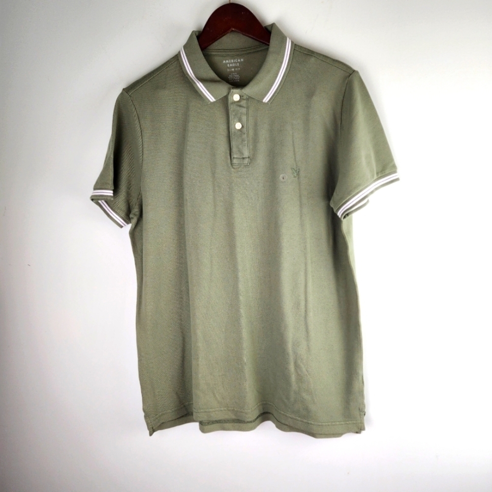 American Eagle Lived In Stretch Slim Fit Tipped Polo Shirt Size Large - Picture 7 of 9